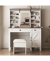 Lovmor Farmhouse Makeup Vanity Desk with Sliding Mirror and Lights and Hairdryer holder and charging socket Multilayer storage Shelves,and 2 drawer an