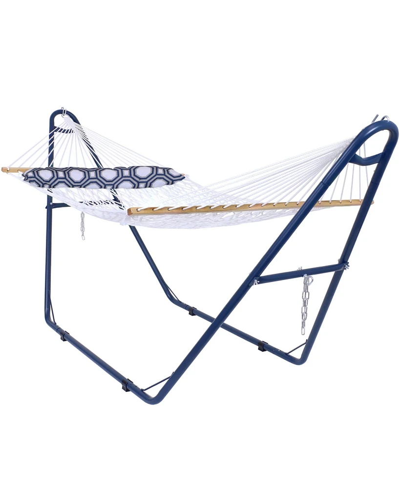 Outdoor 2-Person Double Polyester Rope Hammock with Wood Spreader Bar and Matte Blue Steel Multi-Use Stand