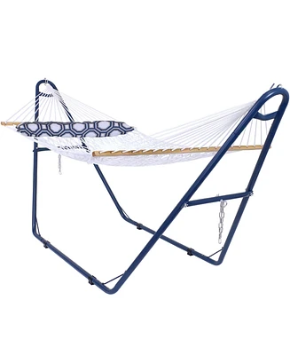 Rope Hammock with Pillow and Universal Steel Stand - 450-Pound Capacity - Blue Stand - Navy and Gray Octagon