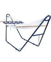 Outdoor 2-Person Double Polyester Rope Hammock with Wood Spreader Bar and Matte Blue Steel Multi-Use Stand