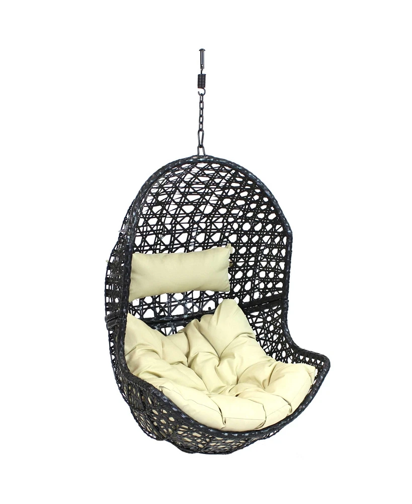 Sunnydaze Decor Lauren Hanging Egg Chair - Outdoor Patio Lounge Seat - Boho Style Furniture - Resin Wicker Basket Design - Includes Beige Cushion