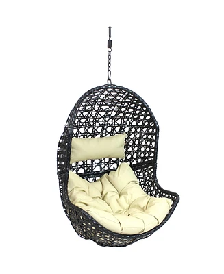 Lauren Hanging Egg Chair - Outdoor Patio Lounge Seat - Boho Style Furniture - Resin Wicker Basket Design - Includes Beige Cushion