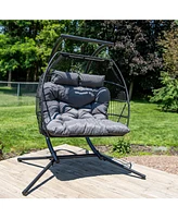 Andrei Double Hanging Egg Chair with Stand - 2-Person Outdoor Egg Chair - Includes Steel Stand and Cushion - Dark Gray