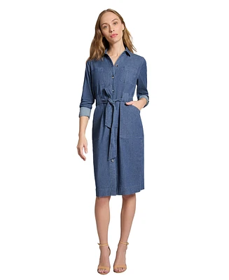 Jones New York Women's Chop Pocket Tie Denim Collared Dress