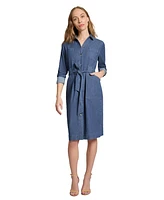 Jones New York Women's Chop Pocket Tie Denim Collared Dress