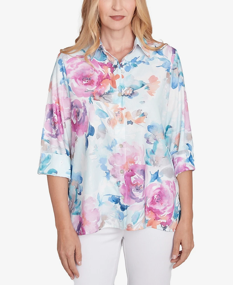Alfred Dunner Women's Classic Floral Watercolor Button Down Top