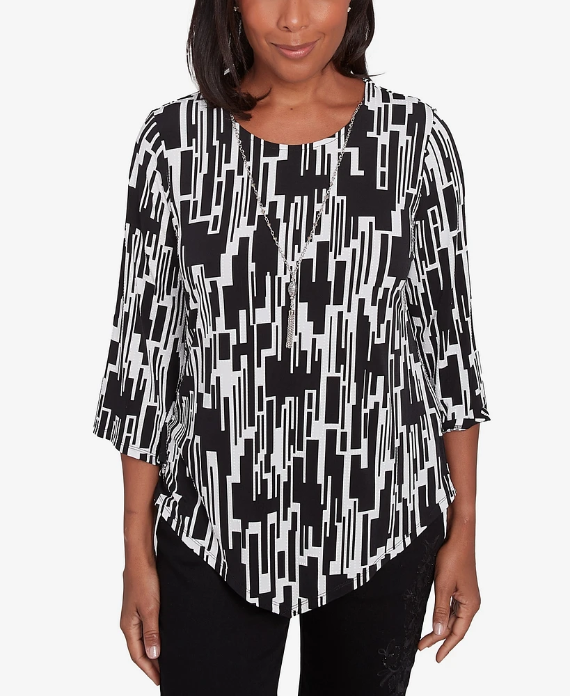 Alfred Dunner Women's Classic Vertical Geometric Top with Necklace