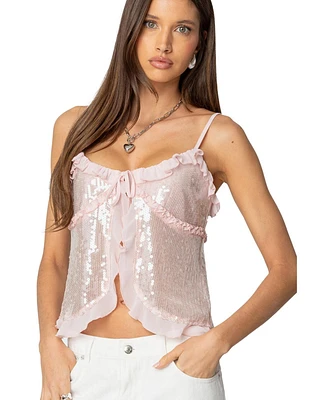 Edikted Womens Sequin Ruffled Split Front Top