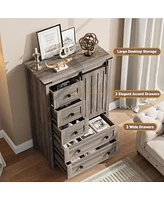 gaomon 5 Drawer Dresser, Farmhouse Wooden Chest of Drawers with Sliding Barn Door, Adjustable Shelf, Tall Antique Dresser, Storge Cabinet for Bedroom