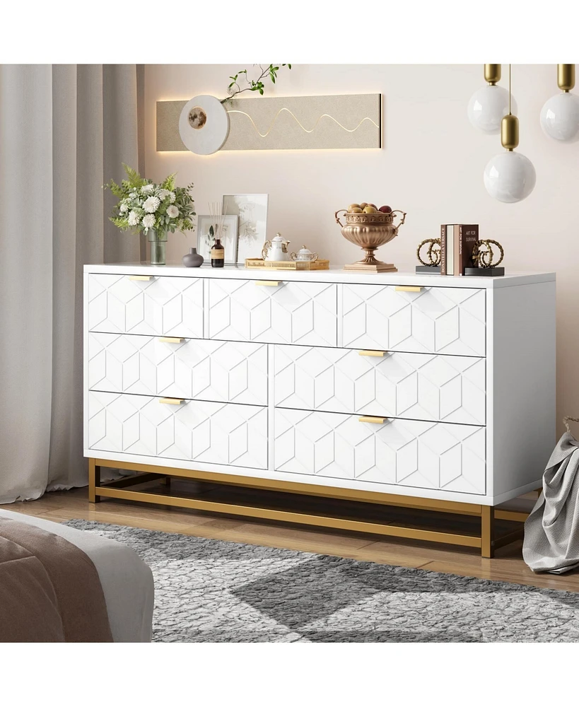 gaomon Dresser for Bedroom, 53.5” Dresser Organizer, 7 Drawer Dresser with Golden Metal Handle and Legs, Modern Chest of Drawers, Large Dresser