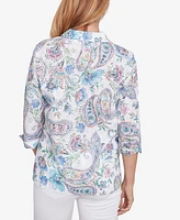 Alfred Dunner Petite Classics Paisley Button Down Cuffed Sleeve Top