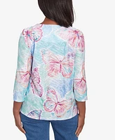 Alfred Dunner Petite Classics Butterfly Crewneck Three Quarter Sleeves Top