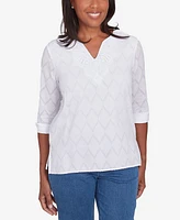 Alfred Dunner Petite Classics White Textured Split Neck Top