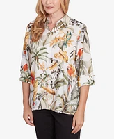 Alfred Dunner Petite Classics Tropical Bird Button Front Top