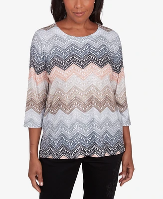 Alfred Dunner Petite Classics Lacey Ombre Chevron Crewneck Top