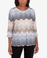 Alfred Dunner Petite Classics Lacey Ombre Chevron Crewneck Top