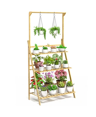 Skonyon 3-Tier Bamboo Hanging Plant Stand Planter Shelves Flower Pot Organizer Rack Folding Display Shelving