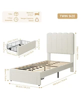 gaomon Twin Bed Frame with Under-Bed Drawer, White Boucle Upholstered Platform Bed