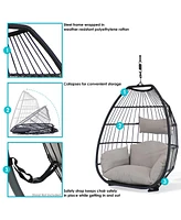 Oliver Hanging Egg Chair with Seat Cushions - Black Resin Wicker Frame with Gray Polyester Cushions - 48-Inch
