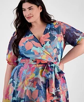 Tahari Plus Printed Puff-Sleeve A-Line Dress