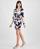 Tahari Petite Printed Collared Faux-Wrap Sheath Dress