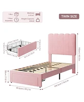 gaomon Twin Bed Frame with Under-Bed Drawer, Pink Velvet Upholstered Platform Bed