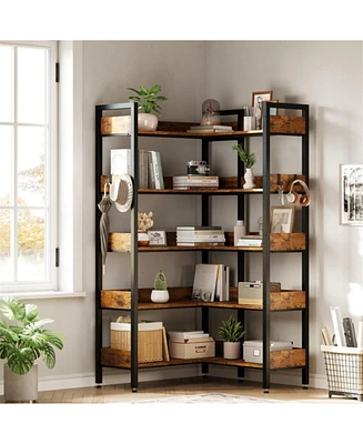 gaomon Corner Bookshelf, 5-Tier Bookshelves with 4 Hooks, Convertible Bookshelf