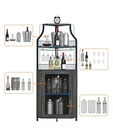 gaomon Corner Wine Bar Rack Cabinet with Detachable Wine Rack, Home Bar Cabinet with Barn Door and Adjustable Shelf