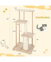 Gymax 50'' Tall Solid Wood Cat Tree w/ Oak Frame & Beech Post Scratching Board & Posts