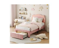 gaomon Twin Upholstered Smart Led Bed Frame with Adjustable Bear Headboard, Storage Drawer, Velvet Princess Platform for Kids/Girls, Wooden