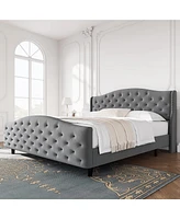 gaomon King Size Velvet Platform Bed Frame w/Headboard and Footboard Upholstered Bed Frames