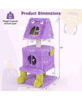 Gymax Cat Tree Cute Monster-Themed Cat Tower w/ 2 Private Condos & Soft Long Plush