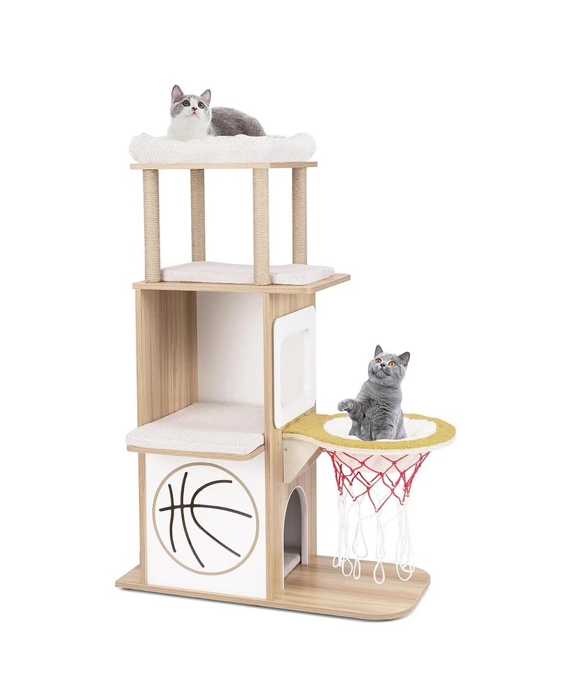 Gymax 47'' Wooden Cat Tree w/ 2-Story Cat Condo 2 Perches Basketball Hoop Hammock