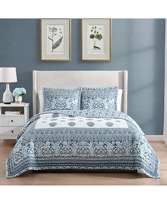 Bebejan Aquamarine Medallion 100% Cotton Sateen 3 Piece King Size Reversible Quilted Coverlet Set