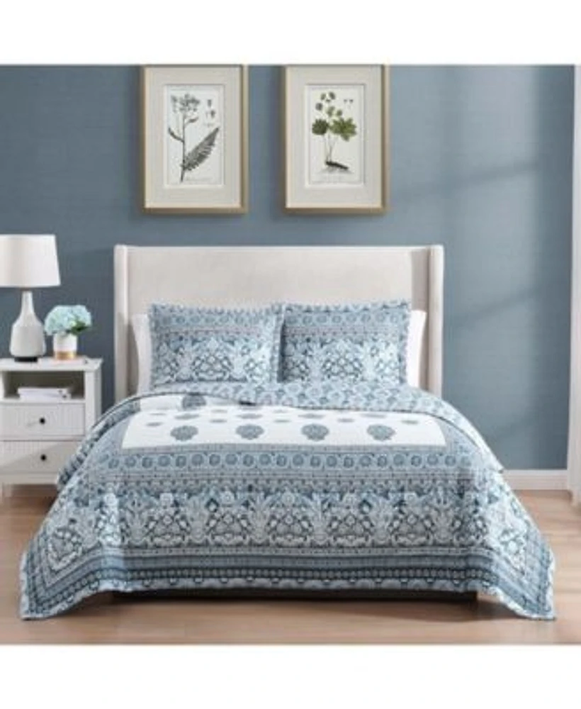 Bebejan Aquamarine Medallion 3 Piece Reversible Quilted Coverlet Set