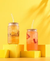 JoyJolt Fluted Glass Tumblers with Bamboo Lids and Straws, Set of 4