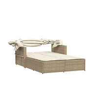vidaXL Double Sun Lounger with Canopy and Cushions Beige Poly Rattan