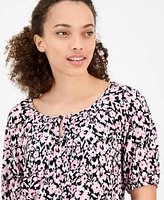 Ak Anne Klein Petite Elbow-Sleeve Keyhole-Cutout Floral-Print Top