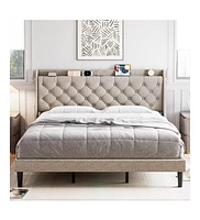 gaomon Upholstered Platform Bed Frame, Bed Frame with Charging Station, Storage Shelf and Usb Ports, Luxurious Linen Upholstery Platform Bed with Wing