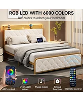 gaomon King Bed Frame with Velvet Storage Headboard, Heavy Duty Steel Slats Support Metal Platform Bed Frame w/Charging Station & Led