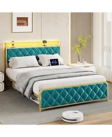 gaomon Queen Bed Frame with Velvet Storage Headboard, Heavy Duty Steel Slats Support Metal Platform Bed Frame w/Charging Station & Led, App Remote Con