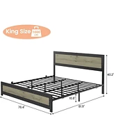 gaomon King Size Bed Frame with Headboard, Industrial Platform Bed Frame with Charging Station, No Box Spring Required, Easy to Assemble