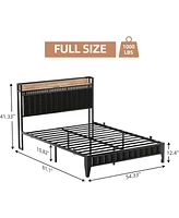 gaomon Bed Frame with Led Light and Charging Station, Upholstered Platform Bed with Storage Headboard, Metal Slat, Noise Free