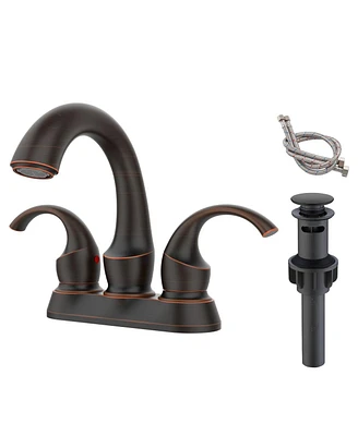 Slickblue 2-Handle Oil Rubbed Bathroom Faucet with Aerator, Swan Style Vanity Sink, Pop-Up Drain, and Supply Hoses