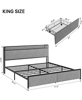 gaomon King Size Bed Frame with Charging Station and 2 Storage Drawer, Upholstered Platform Bed with Headboard, Usb Port & Outlets, No Box Spring Need