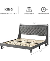 gaomon Upholstered Bed Frame - King Size, Usb Ports, Wingback Headboard, Storage Shelf, and Charging Station