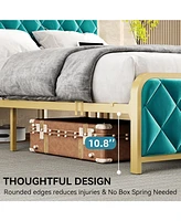 gaomon King Bed Frame with Velvet Storage Headboard, Heavy Duty Steel Slats Support Metal Platform Bed Frame w/Charging Station & Led, App Remote Cont