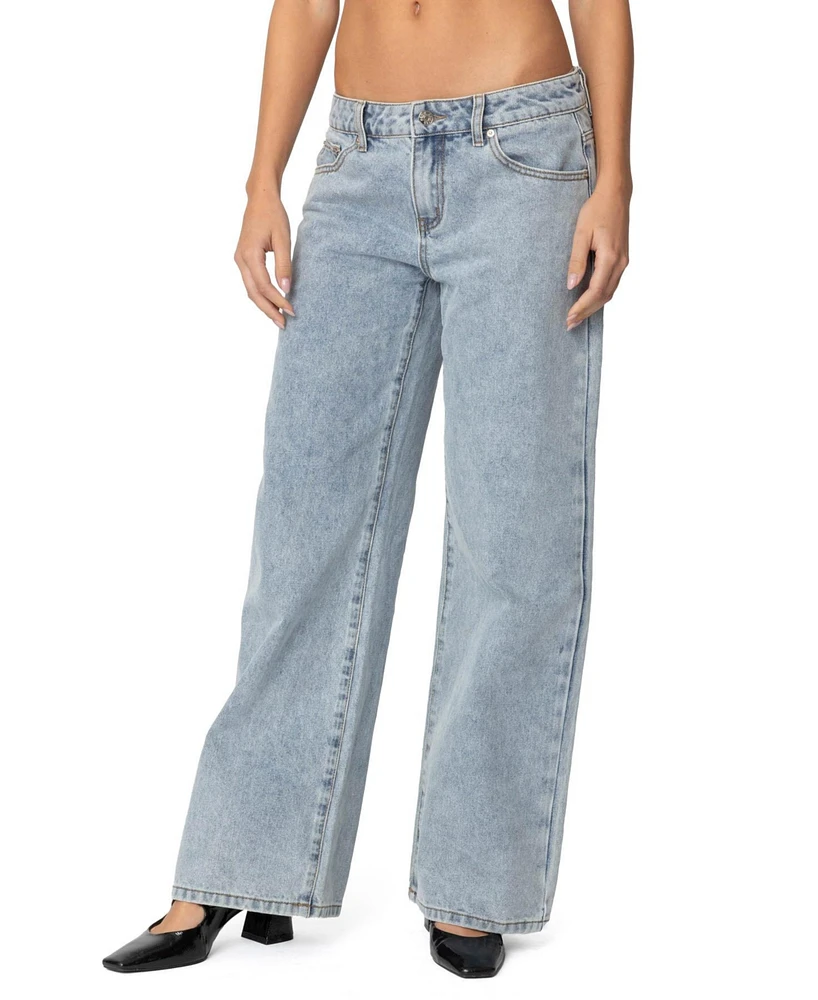 Edikted Womens Contrast Heart Washed Low Rise Jeans