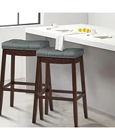 Gymax Set of 2 Nailhead Saddle Bar Stools 29'' Pub Chairs with Rubber Wood Legs