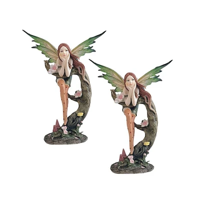 Fc Design "2-pc Set" 8"H Green Fairy with Clear Wings Leaning on Tree Stump Figurine Statue Ornament Home Room Office Decor and Perfect Ideas for Hous